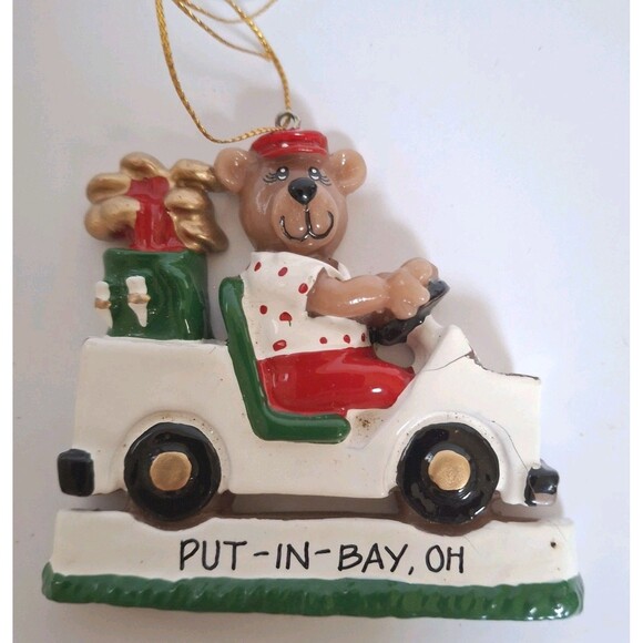 Vintage Golf Bear Cart Christmas Ornament Clay Dough Handpainted Put In Bay Ohio - Picture 1 of 3